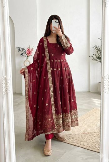 MODERN FENDY SILK EMBROIDERY SEQUENCE WORK GOWN BOTTOM WITH DUPATTA MAROON
