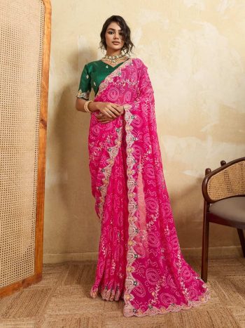 MODERN GEORGETTE BANDHEJ PRINT WITH EMBROIDERY CUTWORK BORDER SAREE WITH UNSTITCHED BLOUSE RANI