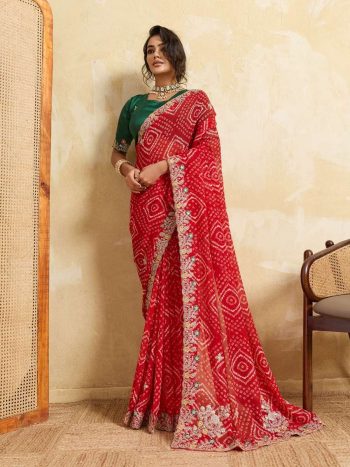 MODERN GEORGETTE BANDHEJ PRINT WITH EMBROIDERY CUTWORK BORDER SAREE WITH UNSTITCHED BLOUSE RED