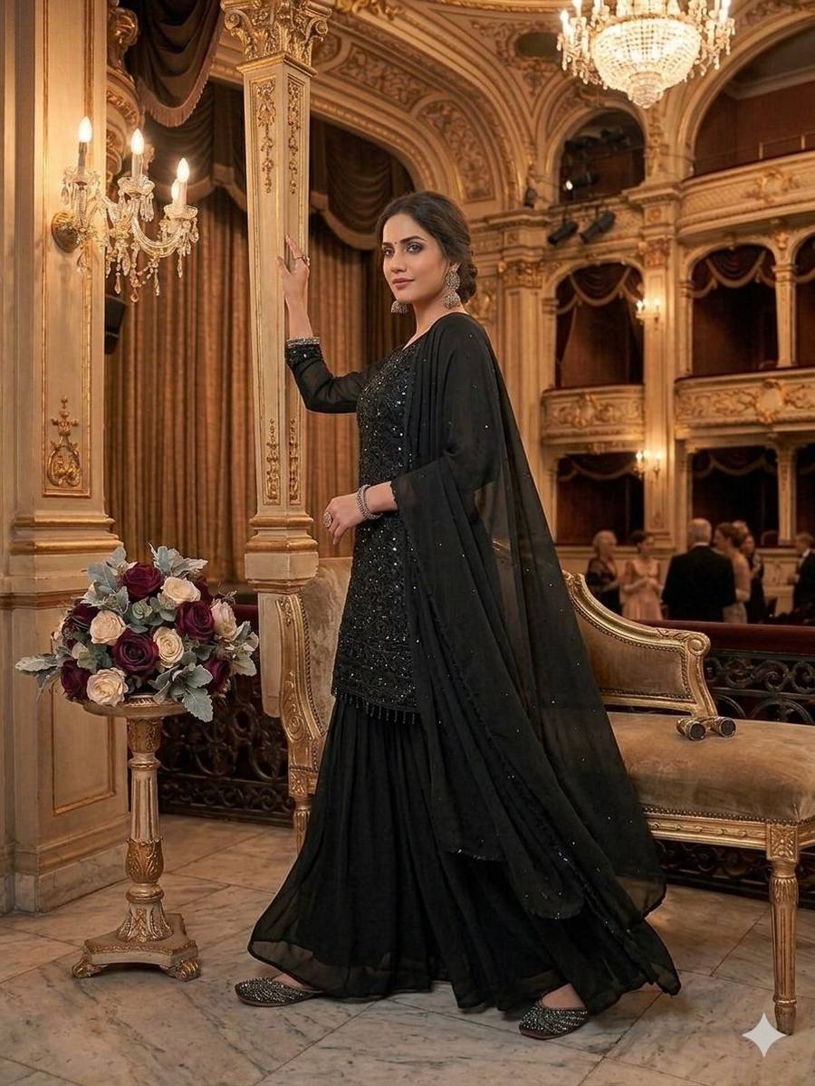 MODERN GEORGETTE BEADS WITH SEQUENCE EMBROIDERY WORK TOP PALAZZO WITH DUPATTA FESTIVE WEAR WHOLESALE PRICE ETHNIC GARMENT (7)