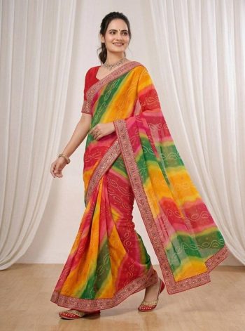 MODERN GEORGETTE DIGITAL PRINT WITH EMBROIDERY WORK  BORDER SAREE WITH UNSTITCHED BLOUSE RED AND YELLOW