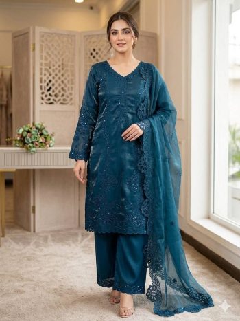 MODERN GLASS ROMAN SEQUENCE EMBROIDERY WITH CUT WORK TOP PALAZZO WITH DUPATTA TEAL