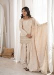 MODERN GLASS ROMAN SILK EMBROIDERY SEQUENCE DORI AND JARI WORK TOP PATIYALA WITH DUPATTA OFF WHITE