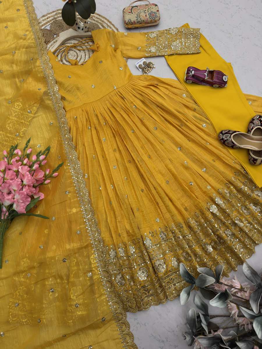 MODERN GOLD CRUSH EMBROIDERY SEQUENCE WORK GOWN BOTTOM WITH DUPATTA FESTIVE WEAR WHOLESALE PRICE ETHNIC GARMENT (9)