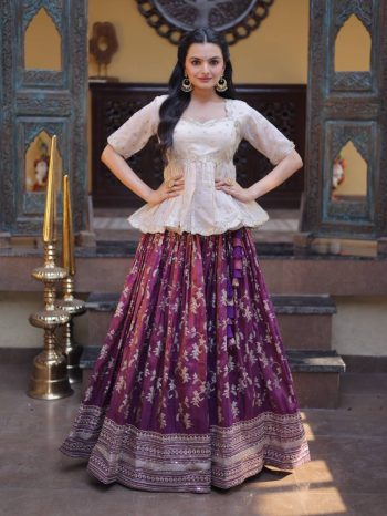 MODERN JACQUARD EMBROIDERED SEQUENCE WORK TOP LEHENGA WINE