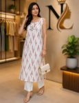 MODERN KHADI COTTON PRINT WORK TOP PENT SET PINK