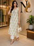 MODERN KHADI COTTON PRINT WORK TOP PENT SET GREEN