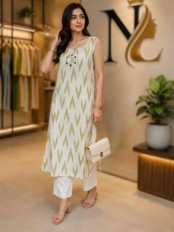 MODERN KHADI COTTON PRINT WORK TOP PENT SET GREEN