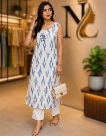 MODERN KHADI COTTON PRINT WORK TOP PENT SET BLUE