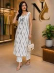 MODERN KHADI COTTON PRINT WORK TOP PENT SET GREY