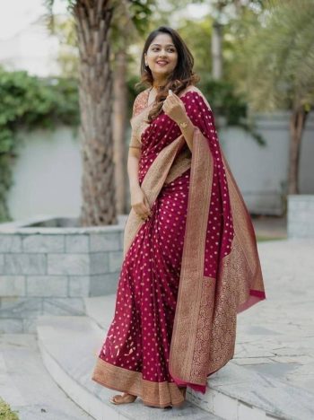 MODERN LICHI SILK JACQUARD BORDER WORK SAREE WITH UNSTITCHED BLOUSE MAROON
