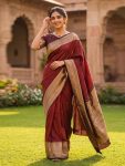 MODERN LICHI SILK JACQUARD WORK SAREE WITH UNSTITCHED BLOUSE MAROON