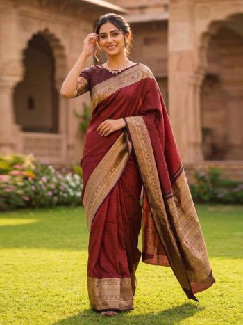 MODERN LICHI SILK JACQUARD WORK SAREE WITH UNSTITCHED BLOUSE MAROON