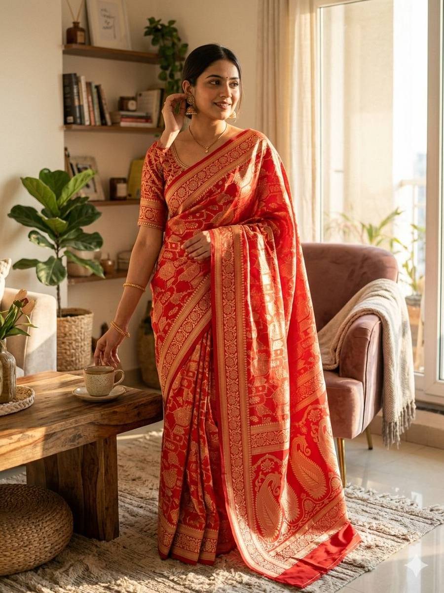 MODERN LICHI SILK WEAVING WORK SAREE WITH UNSTITCHED BLOUSE FESTIVE WEAR WHOLESALE PRICE ETHNIC GARMENT (7)