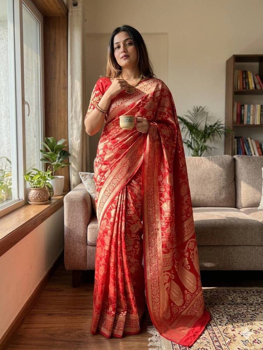 MODERN LICHI SILK WEAVING WORK SAREE WITH UNSTITCHED BLOUSE FESTIVE WEAR WHOLESALE PRICE ETHNIC GARMENT (8)