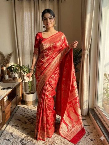 MODERN LICHI SILK WEAVING WORK SAREE WITH UNSTITCHED BLOUSE RED