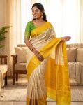 MODERN LICHI SILK WEAVING WORK SAREE WITH UNSTITCHED BLOUSE YELLOW