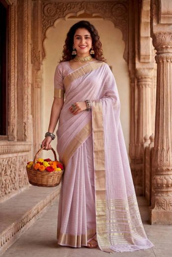 MODERN LINEN COTTON SILK WEAVING ZARI WORK SAREE WITH UNSTITCHED BLOUSE ONION