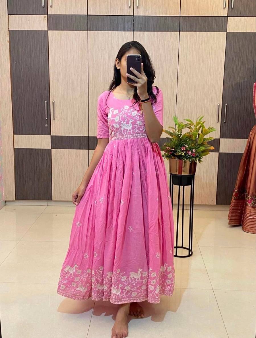 MODERN MUL COTTON EMBROIDERY WORK GOWN FESTIVE WEAR WHOLESALE PRICE ETHNIC GARMENT (5)