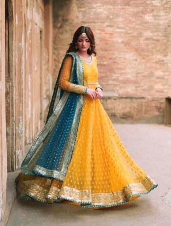 MODERN NET THREAD WITH SEQUENCE WITH GOTA PATTI LACE WORK GOWN LEHENGA WITH DUPATTA YELLOW