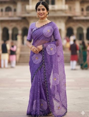MODERN ORGANZA DIGITAL PRINT WITH HANDWORK (KHATLI) & GOTA WITH DIAMOND WORK SAREE WITH UNSTITCHED BLOUSE PURPLE