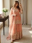 MODERN ORGANZA TWIN NET EMBROIDERY 5 MM SEQUENCE WORK TOP PALAZZO WITH DUPATTA PEACH