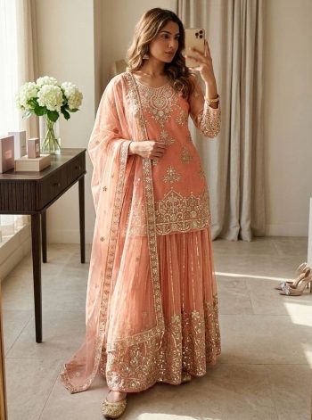 MODERN ORGANZA TWIN NET EMBROIDERY 5 MM SEQUENCE WORK TOP PALAZZO WITH DUPATTA PEACH