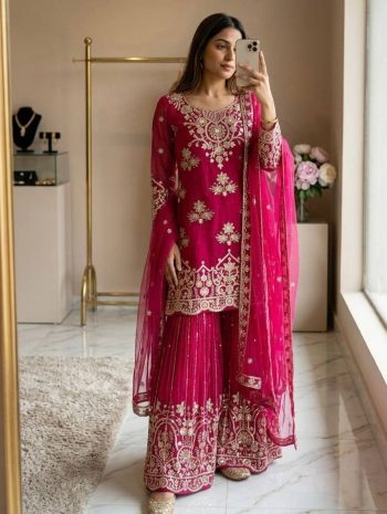 MODERN ORGANZA TWIN NET EMBROIDERY 5 MM SEQUENCE WORK TOP PALAZZO WITH DUPATTA RANI