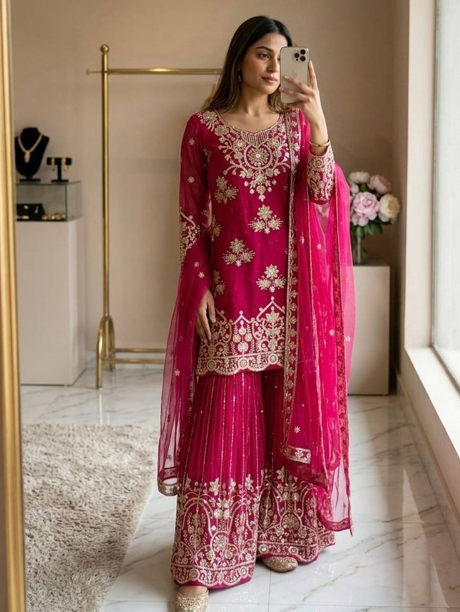 MODERN ORGANZA TWIN NET EMBROIDERY 5 MM SEQUENCE WORK TOP PALAZZO WITH DUPATTA WEDDING WEAR WHOLESALE PRICE ETHNIC GARMENT (3)