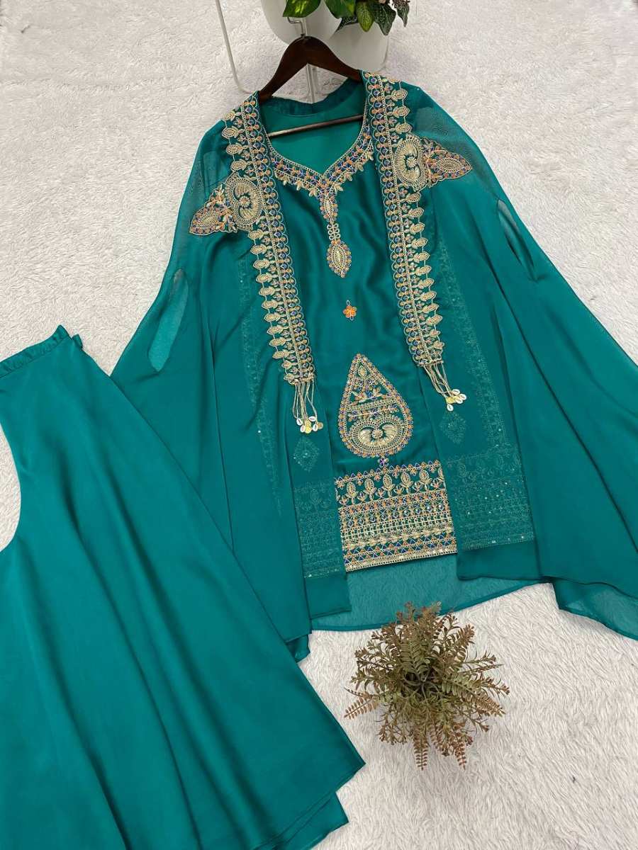 MODERN RANGOLI CODING WITH SEQUENCE EMBROIDERY WORK TOP PALAZZO WITH SHRUG PARTY WEAR WHOLESALE PRICE ETHNIC GARMENT (1)