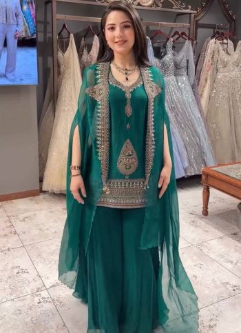 MODERN RANGOLI CODING WITH SEQUENCE EMBROIDERY WORK TOP PALAZZO WITH SHRUG RAMA