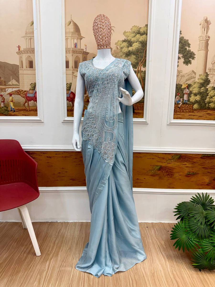 MODERN RANGOLI SILK BEADS CUT-DANA & SEQUENCE WORK READY TO WEAR SAREE WITH STITCHED BLOUSE WEDDING WEAR WHOLESALE PRICE ETHNIC GARMENT (8)
