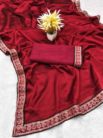 MODERN RANGOLI SILK EMBROIDERY SEQUENCE FANCY LACE BORDER SAREE WITH UNSTITCHED BLOUSE RED