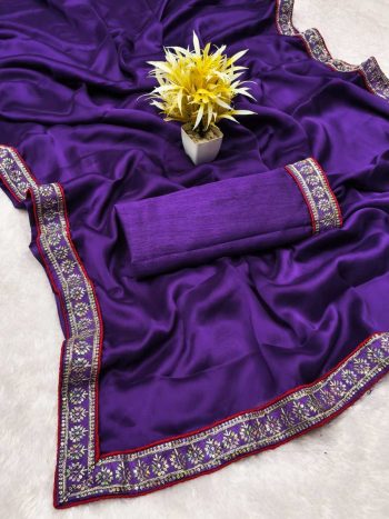 MODERN RANGOLI SILK EMBROIDERY SEQUENCE FANCY LACE BORDER SAREE WITH UNSTITCHED BLOUSE PURPLE