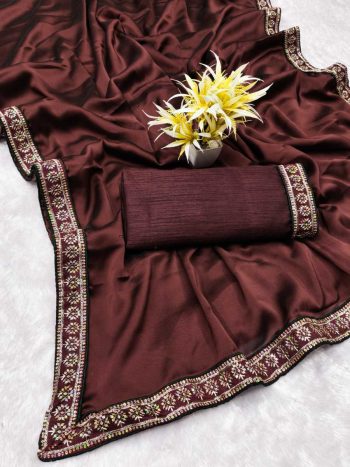 MODERN RANGOLI SILK EMBROIDERY SEQUENCE FANCY LACE BORDER SAREE WITH UNSTITCHED BLOUSE BROWN