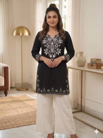 MODERN RAYON EMBROIDERY WORK TOP PALAZZO SET BLACK