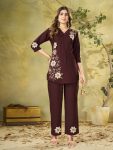 MODERN RAYON MULTI EMBROIDERY THREAD WORK CO-ORD SET WINE