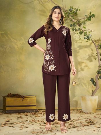 MODERN RAYON MULTI EMBROIDERY THREAD WORK CO-ORD SET WINE