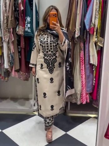 MODERN RAYON SLUB EMBROIDERY WORK TOP PALAZZO WITH DUPATTA OFF WHITE AND BLACK