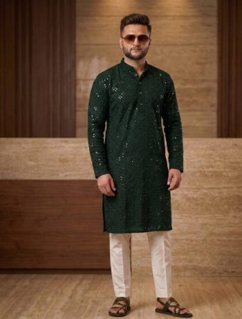 MODERN RAYON THREAD SEQUENCE WORK MEN'S KURTA PAYJAMA SET GREEN