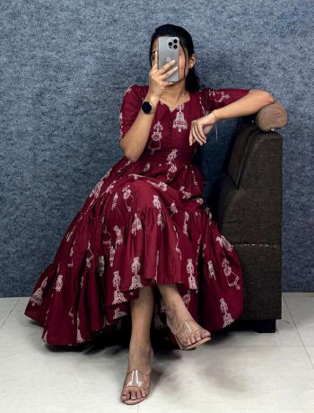 MODERN RAYON WARLI ART PRINTED  WORK ONE PIECE DRESS MAROON