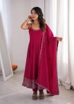 MODERN ROMAN CHANDERI SILK EMBROIDERY THREAD WITH BOTTOM LACE WORK GOWN BOTTOM WITH DUPATTA PINK