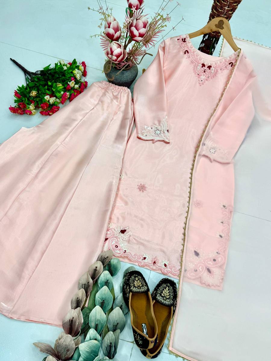 MODERN ROMAN GLASS EMBROIDERY THREAD WITH PERAL MOTI HAND WORK AND FANCY CUT WORK TOP PALAZZO WITH DUPATTA FESTIVE WEAR WHOLESALE PRICE ETHNIC GARMENT (1)