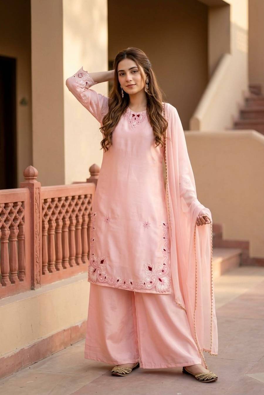 MODERN ROMAN GLASS EMBROIDERY THREAD WITH PERAL MOTI HAND WORK AND FANCY CUT WORK TOP PALAZZO WITH DUPATTA FESTIVE WEAR WHOLESALE PRICE ETHNIC GARMENT (4)