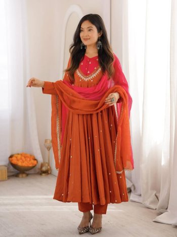 MODERN ROMAN SILK EMBROIDERY SEQUENCE WITH REAL MIRROR WORK GOWN BOTTOM WITH DUPATTA ORANGE