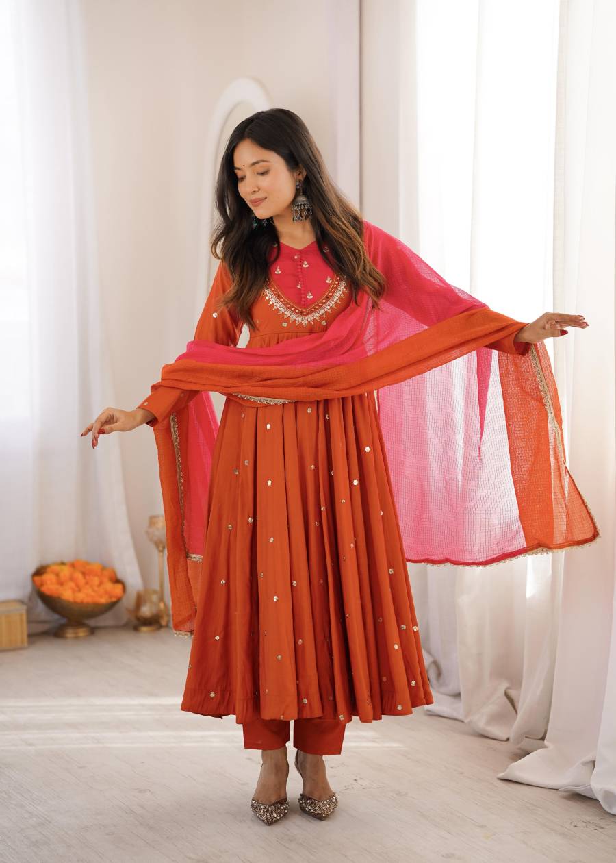 MODERN ROMAN SILK EMBROIDERY SEQUENCE WITH REAL MIRROR WORK GOWN BOTTOM WITH DUPATTA FESTIVE WEAR WHOLESALE PRICE ETHNIC GARMENT (16)