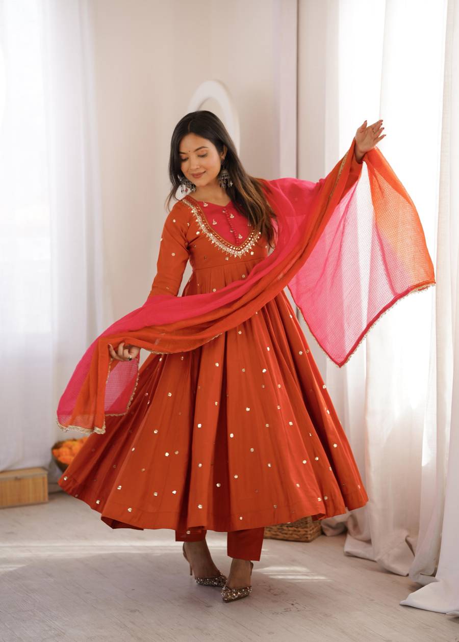 MODERN ROMAN SILK EMBROIDERY SEQUENCE WITH REAL MIRROR WORK GOWN BOTTOM WITH DUPATTA FESTIVE WEAR WHOLESALE PRICE ETHNIC GARMENT (5)