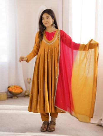 MODERN ROMAN SILK EMBROIDERY SEQUENCE WITH REAL MIRROR WORK GOWN BOTTOM WITH DUPATTA YELLOW