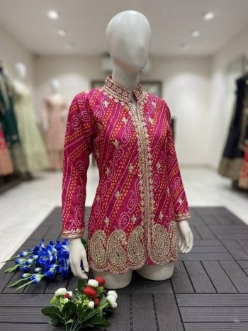 MODERN SATIN BANGLORI PRINT WITH EMBROIDERY THREAD & SEQUENCE WORK JACKET PINK