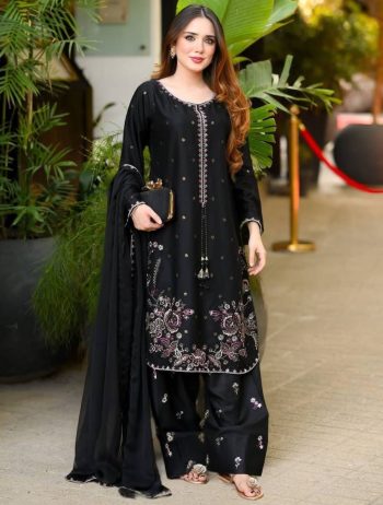 MODERN SATIN GLASS EMBROIDERY THREAD WORK TOP PATIYALA WITH DUPATTA BLACK